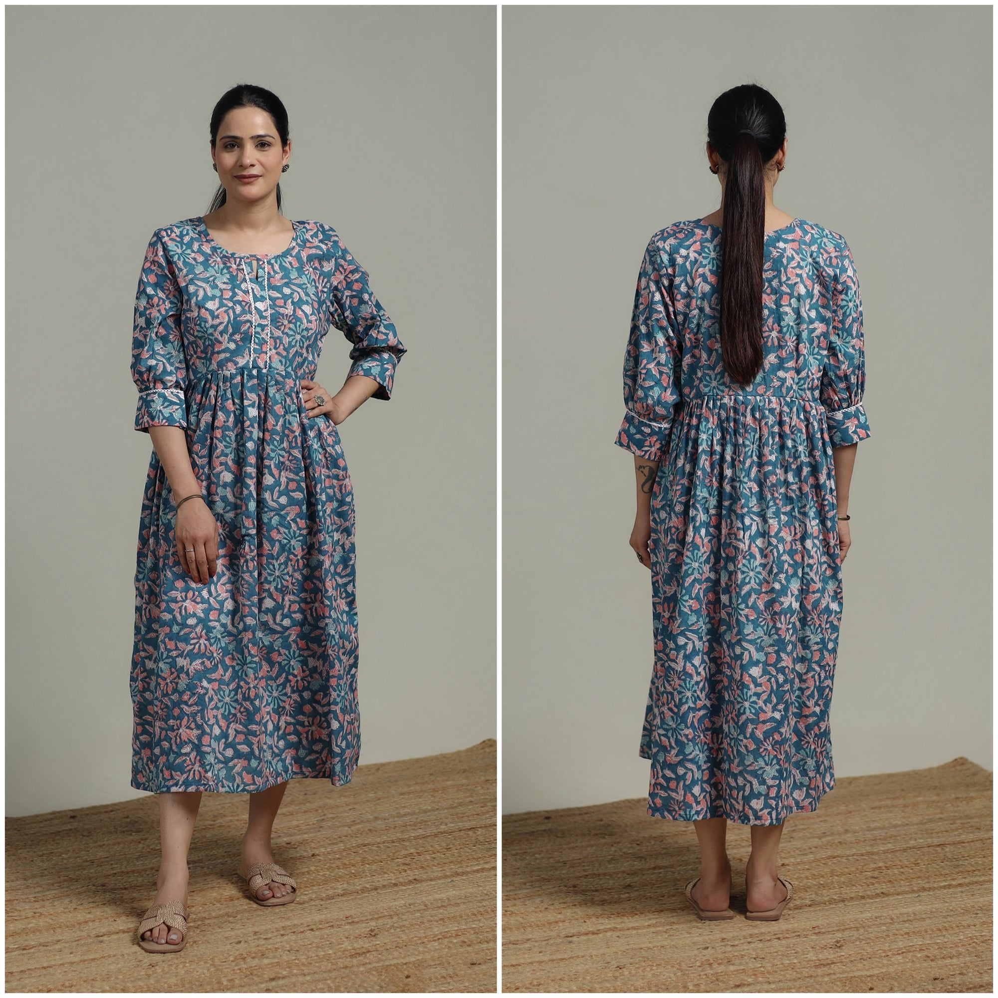 Blue - Sanganeri Hand Block Print Pure Cotton Flared Dress 09