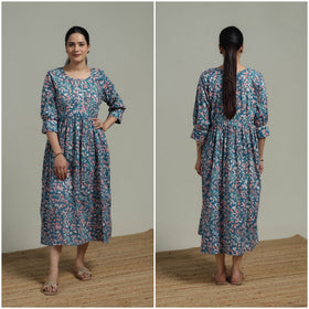 Blue - Sanganeri Hand Block Print Pure Cotton Flared Dress 09