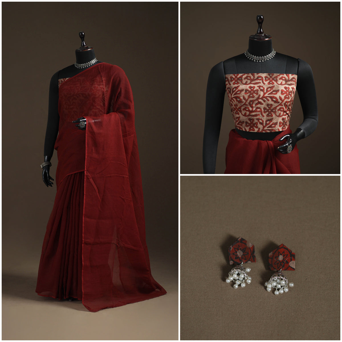 Maroon - Nazaakat Kota Doria Cotton Plain Saree with Blouse Piece & Earrings 11