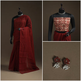 Maroon - Nazaakat Kota Doria Cotton Plain Saree with Blouse Piece & Earrings 11