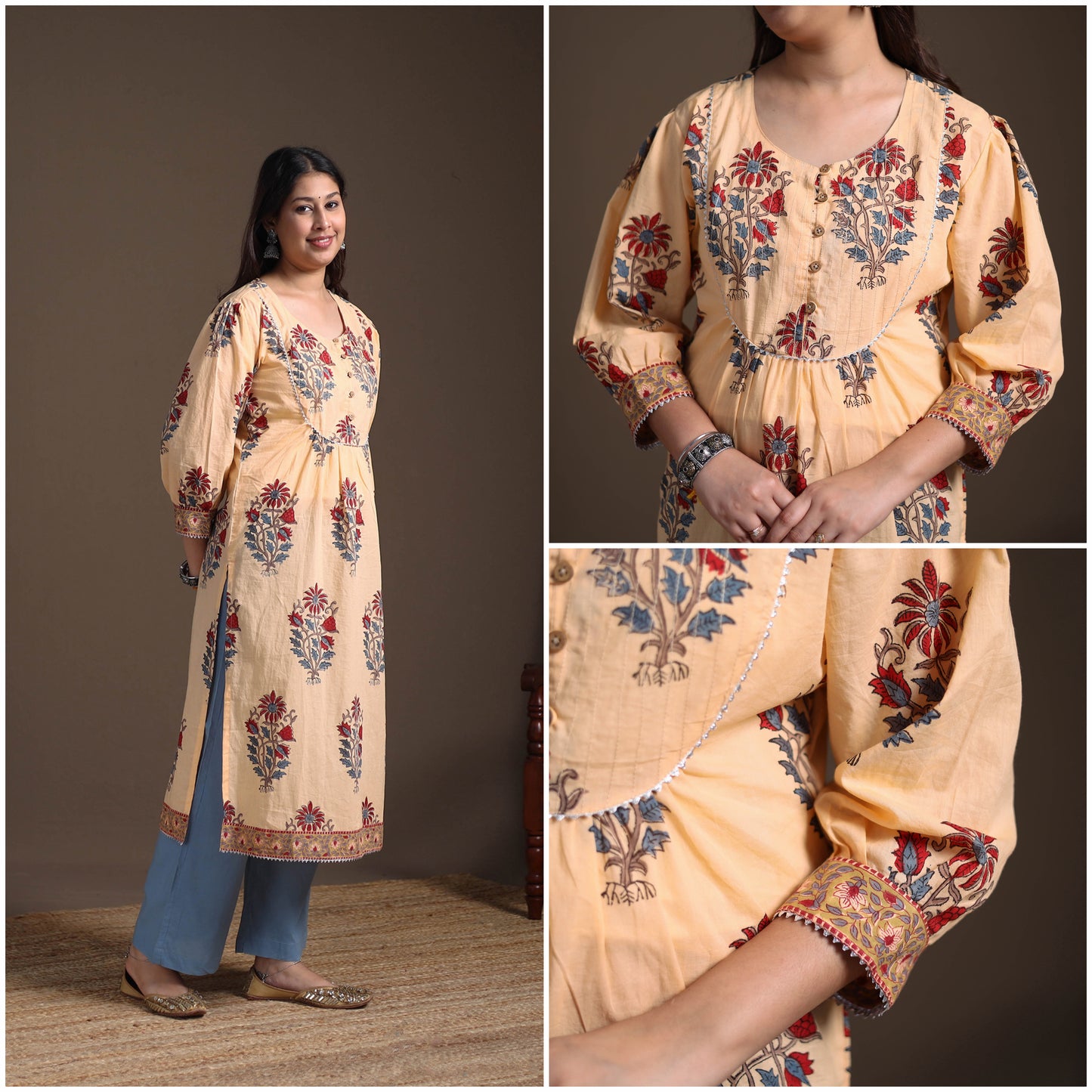 Gota Work Floral Sanganeri Block Print Cotton Straight Long Kurta for Women 03