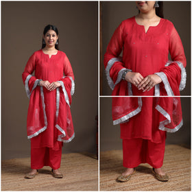 Sequin Work Plain Kota Doria Cotton Suit Set with Lace Work Dupatta for Women 16