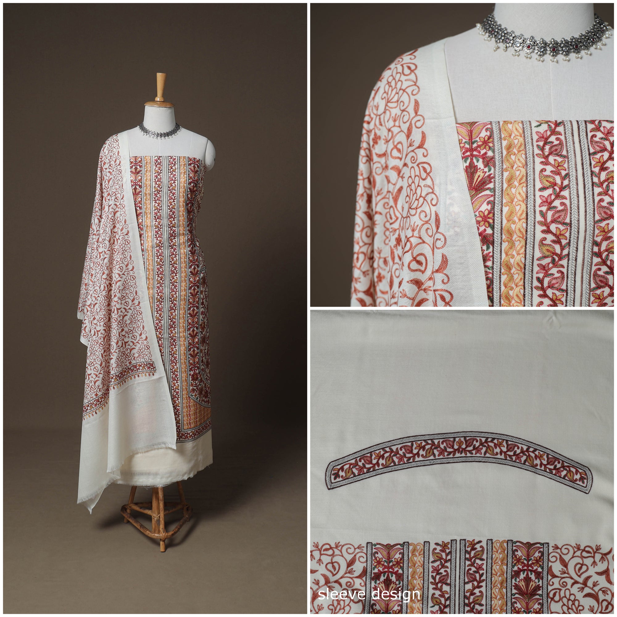 Beige - Woolen Heavy Chain Stitch Embroidered Unstitched Dress Material: Kurta, Bottom & Dupatta 20
