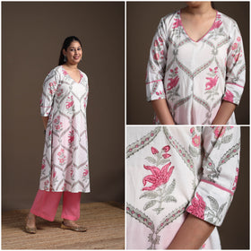 Gota Work Floral Sanganeri Block Print Cotton A-Line Long Kurta for Women 15