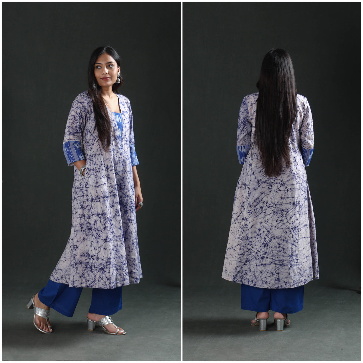 Blue - hand batik print cotton a-line long kurta for women