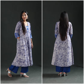 Blue - hand batik print cotton a-line long kurta for women