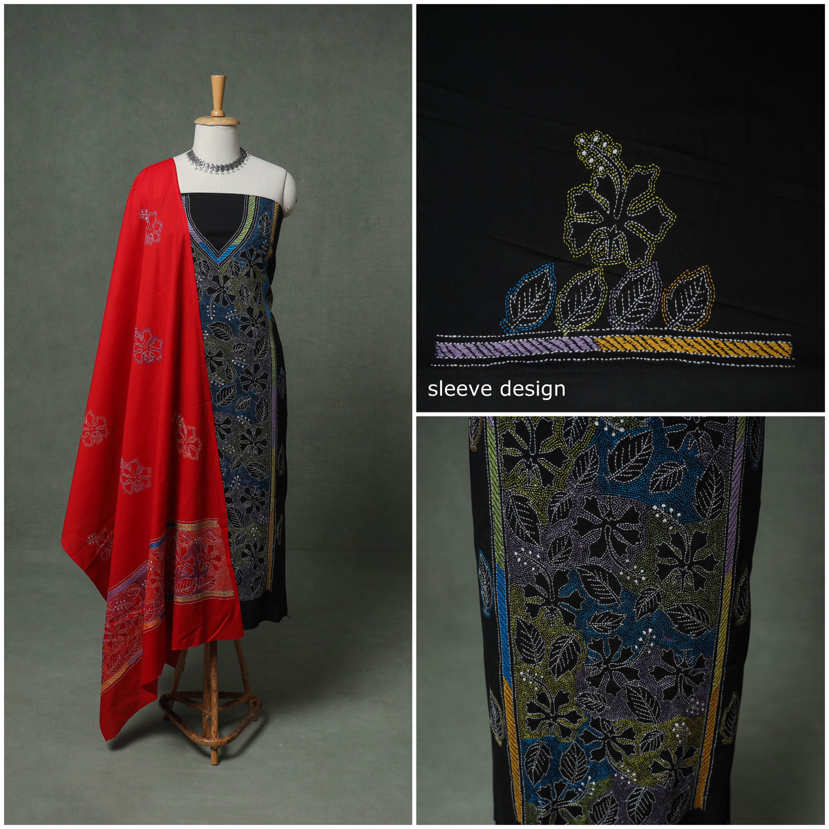 Bengal Kantha Hand Embroidered Cotton Unstitched Dress Material: Kurta, Bottom & Dupatta 09