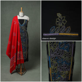 Bengal Kantha Hand Embroidered Cotton Unstitched Dress Material: Kurta, Bottom & Dupatta 09