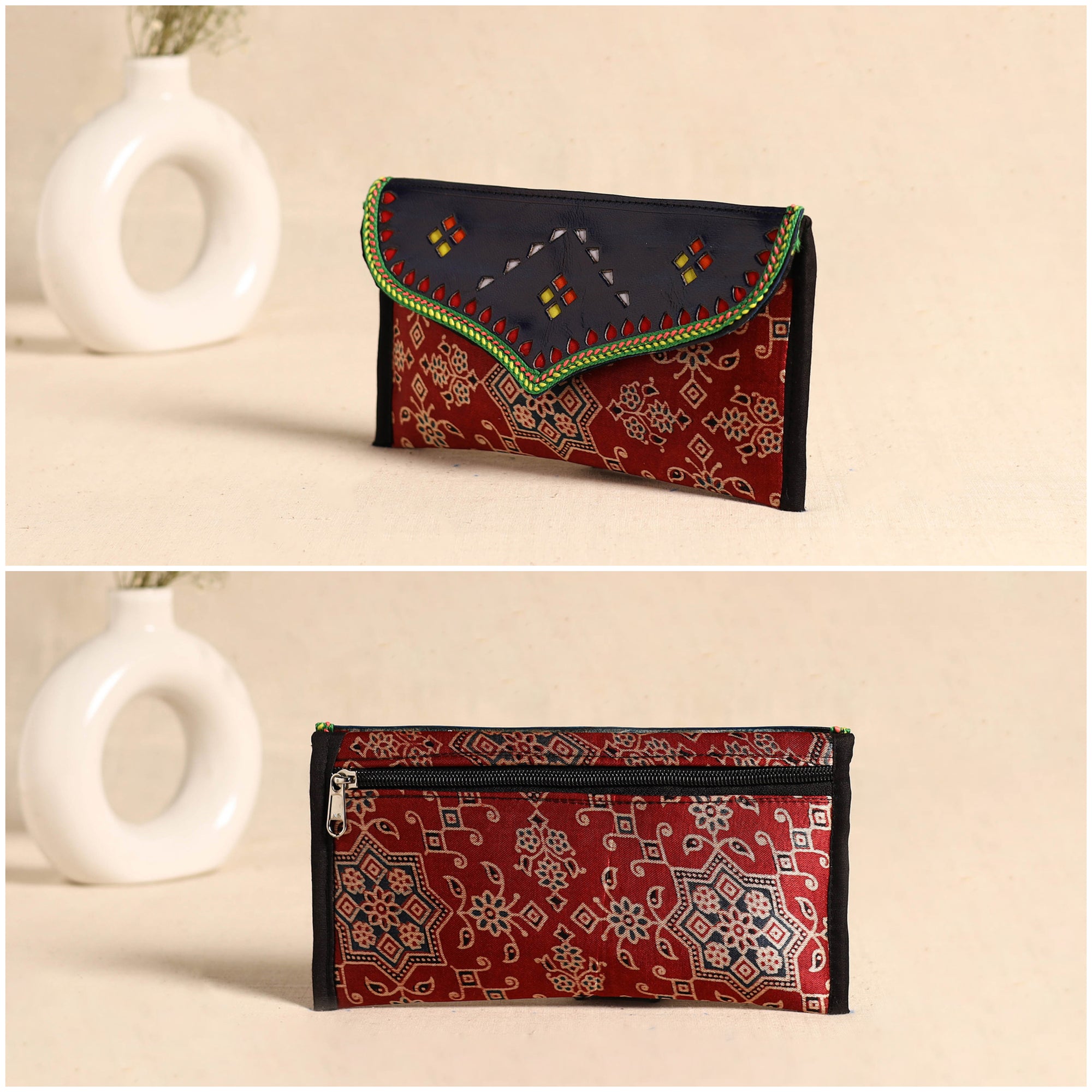 Traditional Kutch Mashru Silk Leather Flap Clutch / Wallet 105