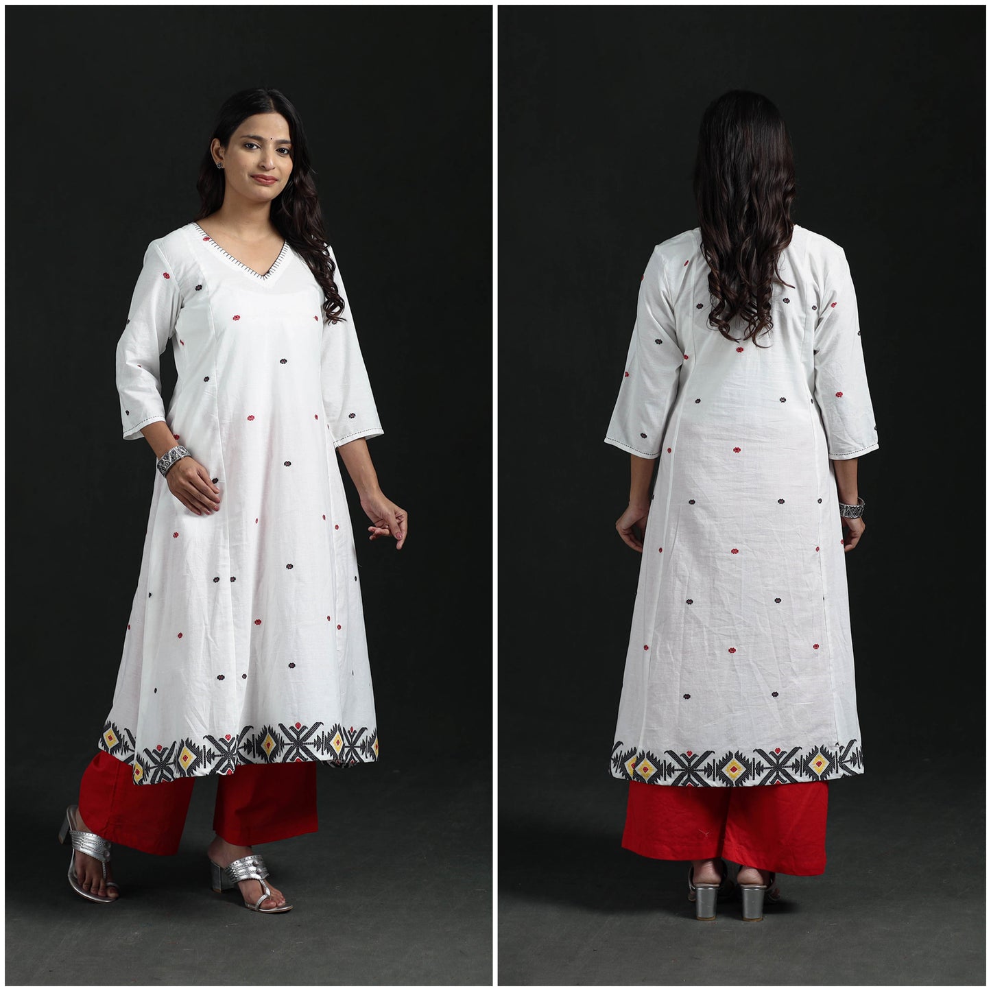 Hand Embroidered Jacquard Cotton A-Line Long Kurta for Women 01