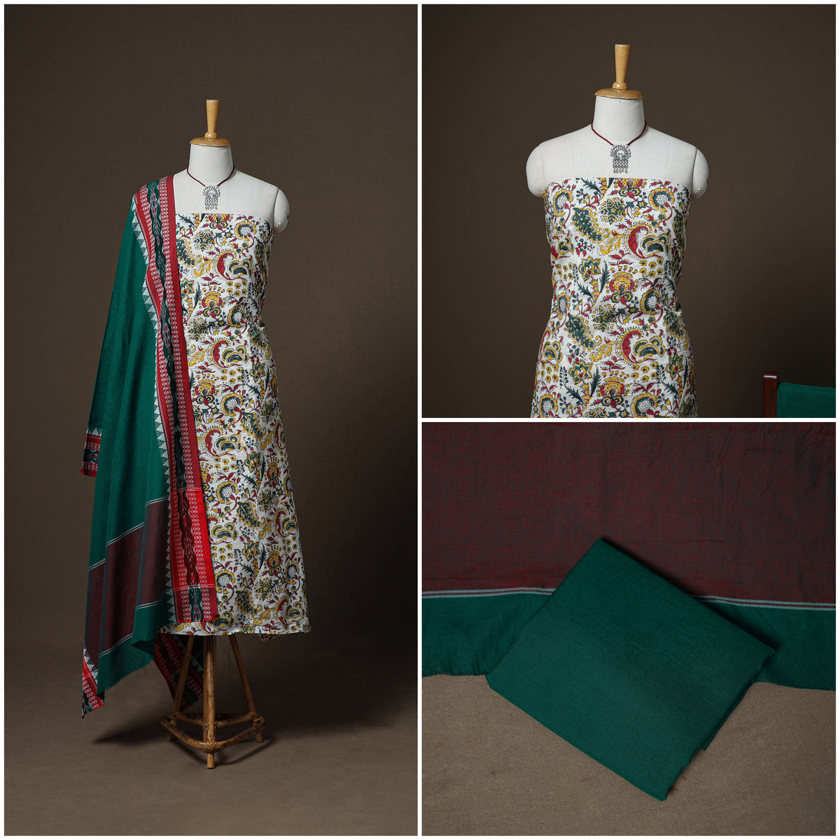 Sanganeri Block Print Cotton Unstitched Dress Material: Kurta, Bottom & Dupatta with Jewellery 36