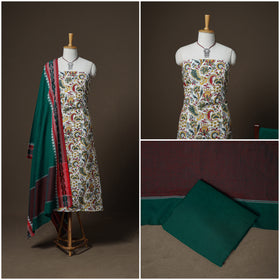 Sanganeri Block Print Cotton Unstitched Dress Material: Kurta, Bottom & Dupatta with Jewellery 36