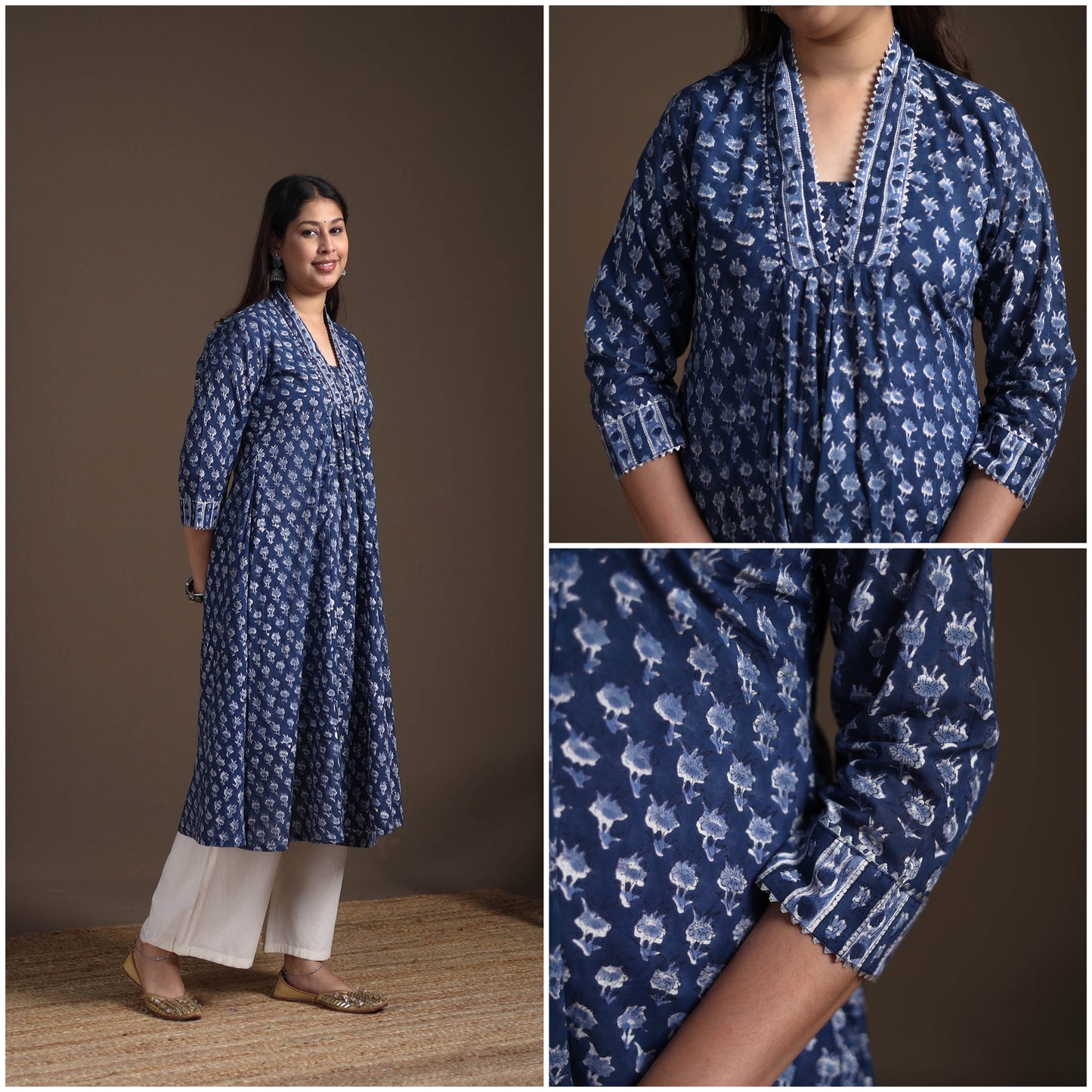 Floral Sanganeri Block Print Cotton A-Line Long Kurta for Women 11