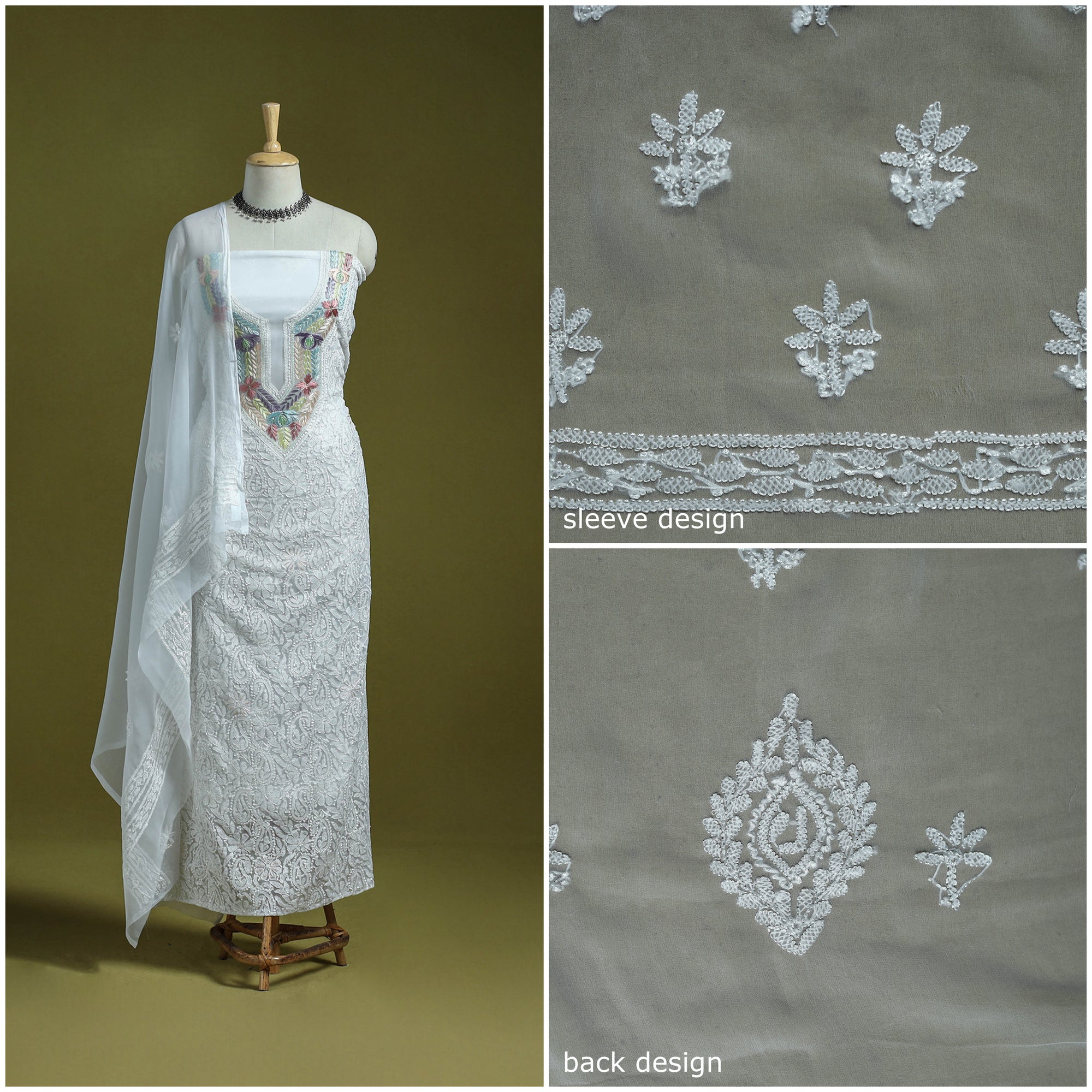 Lucknowi Hand Embroidered Chikankari Georgette 3pc Unstitched Dress Material 01