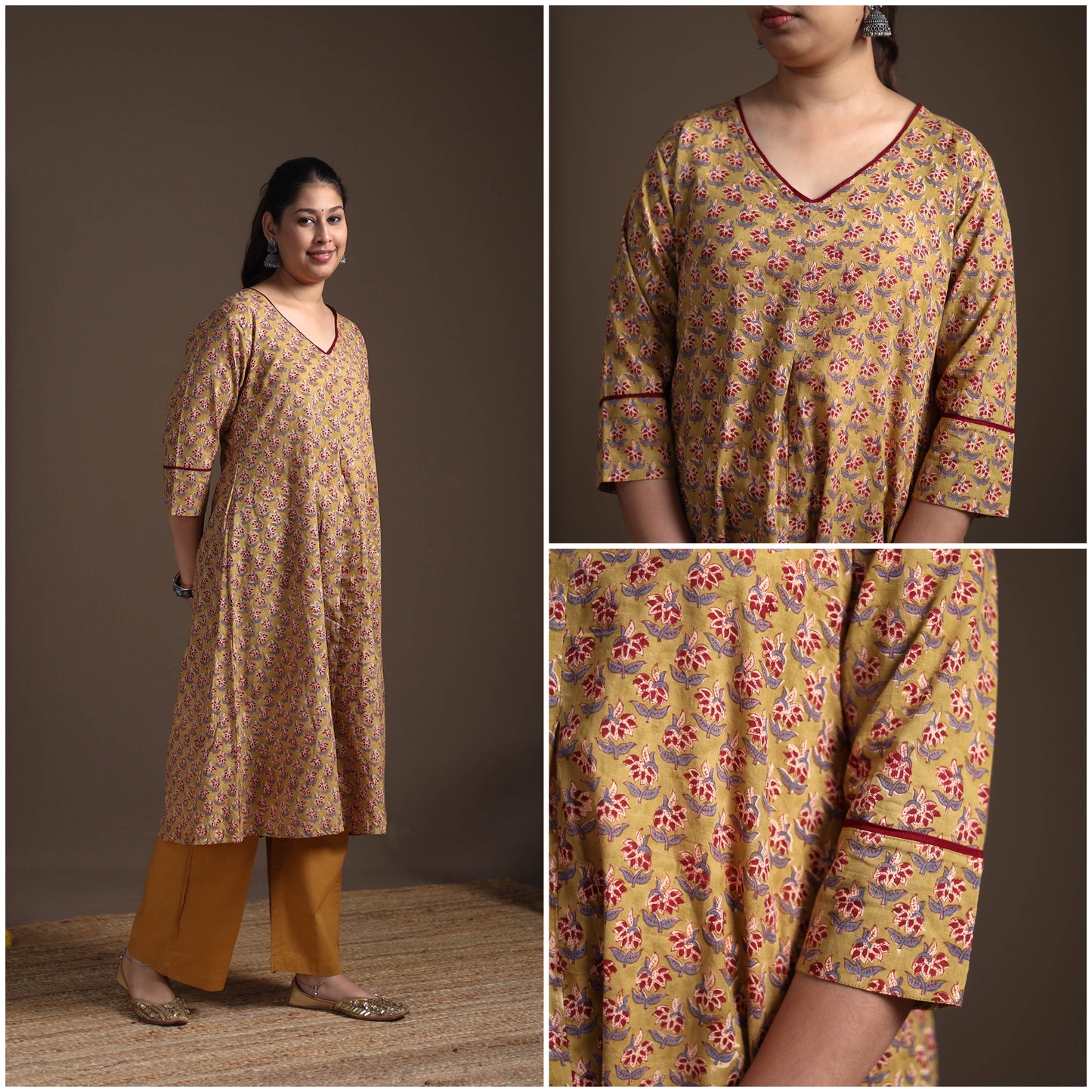 Gota Work Floral Sanganeri Block Print Cotton A-Line Long Kurta for Women 16
