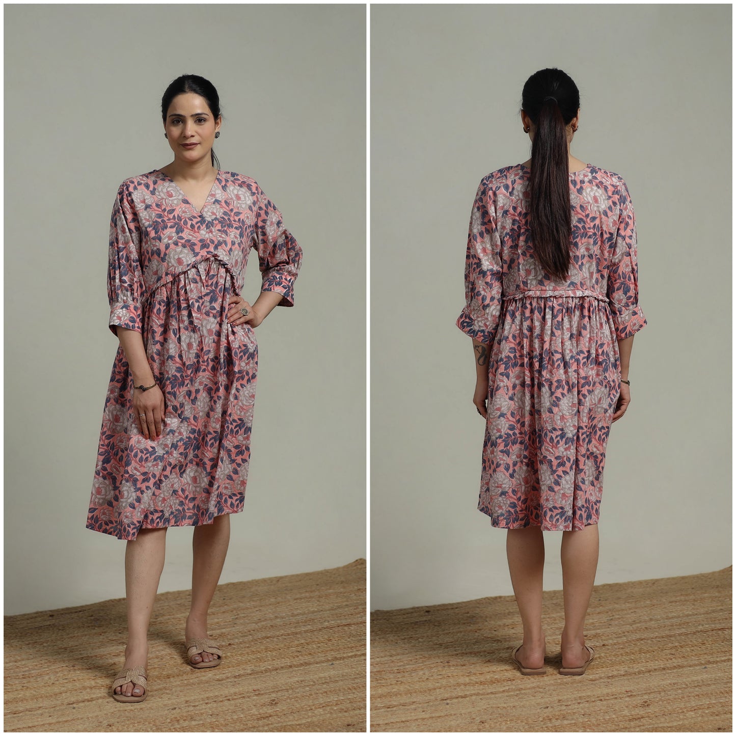 Pink - Sanganeri Hand Block Print Pure Cotton Angrakha Flared Dress 12