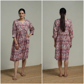 Pink - Sanganeri Hand Block Print Pure Cotton Angrakha Flared Dress 12