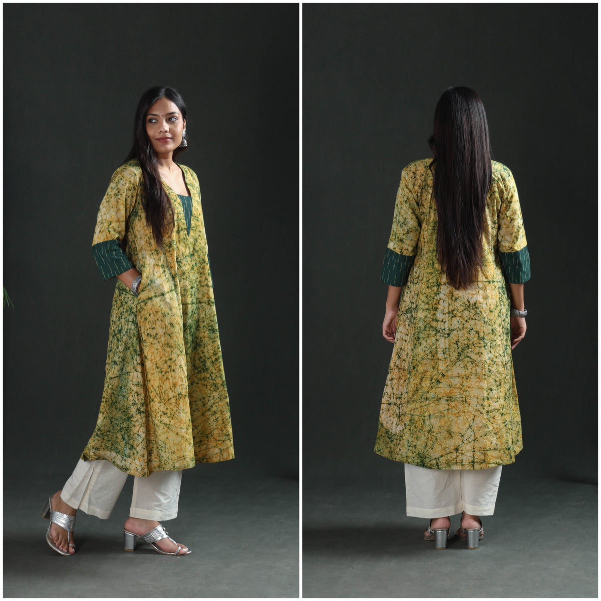 Two frames of the yellow kurta: side with a hand in the seam pocket, and the plain back