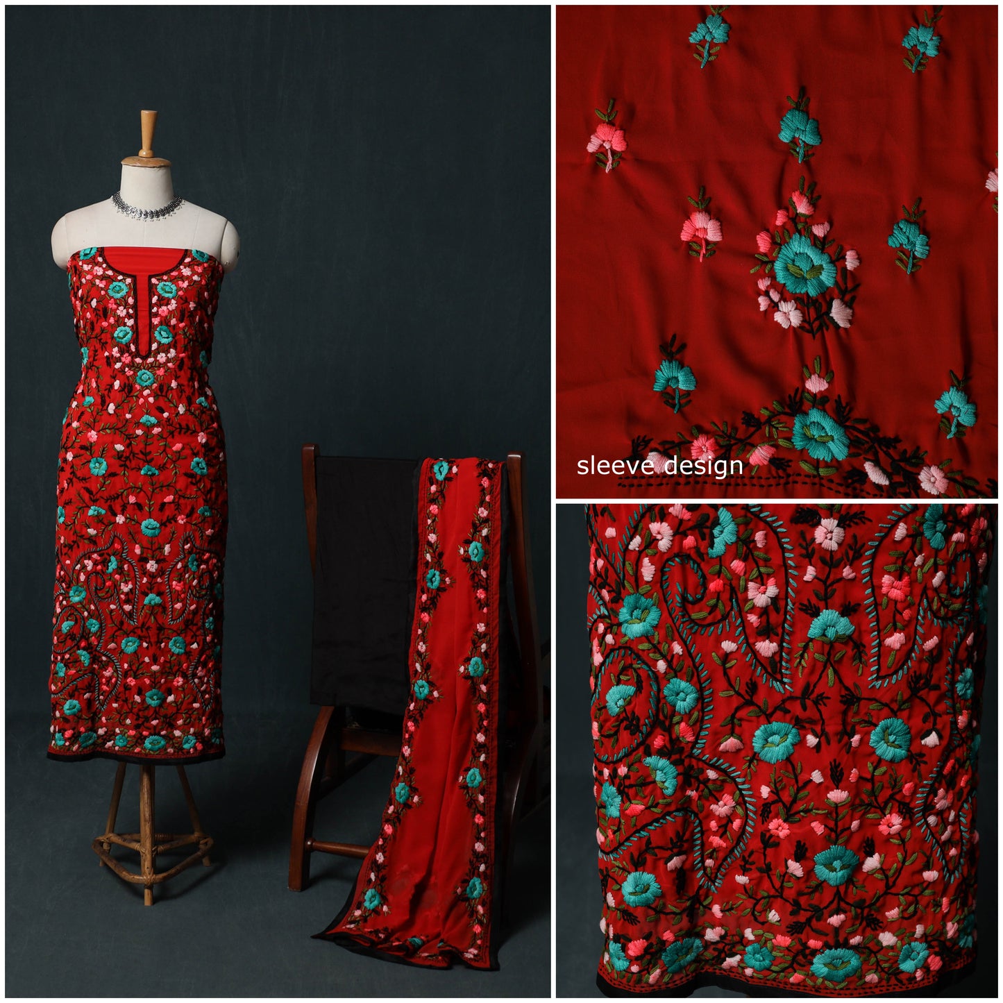 Hand Embroidered Georgette 3pc Unstitched Dress Material Suit Set 24
