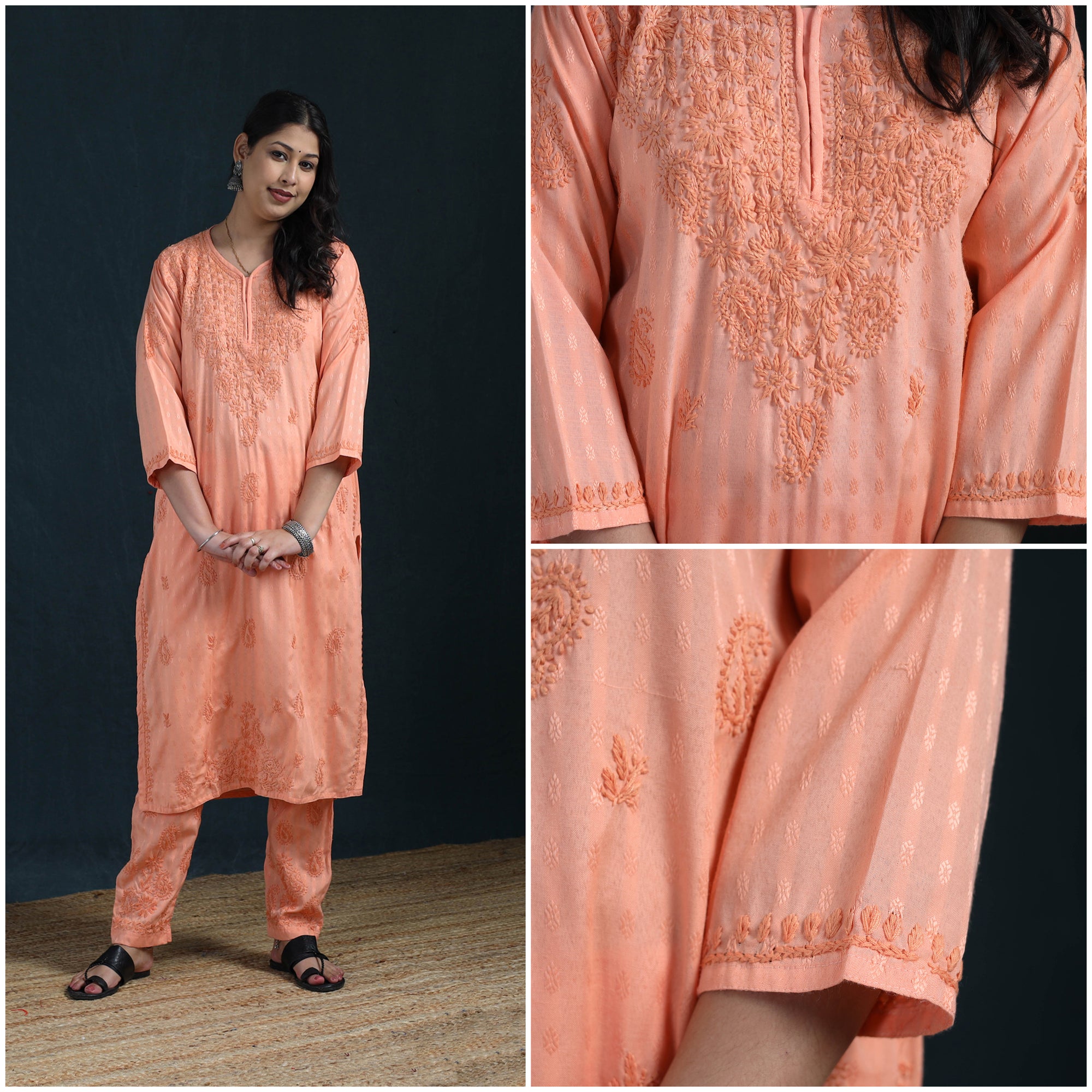 Peach - Hand Embroidered Rayon Cotton Chikankari Kurta with Pant Set for Women 15