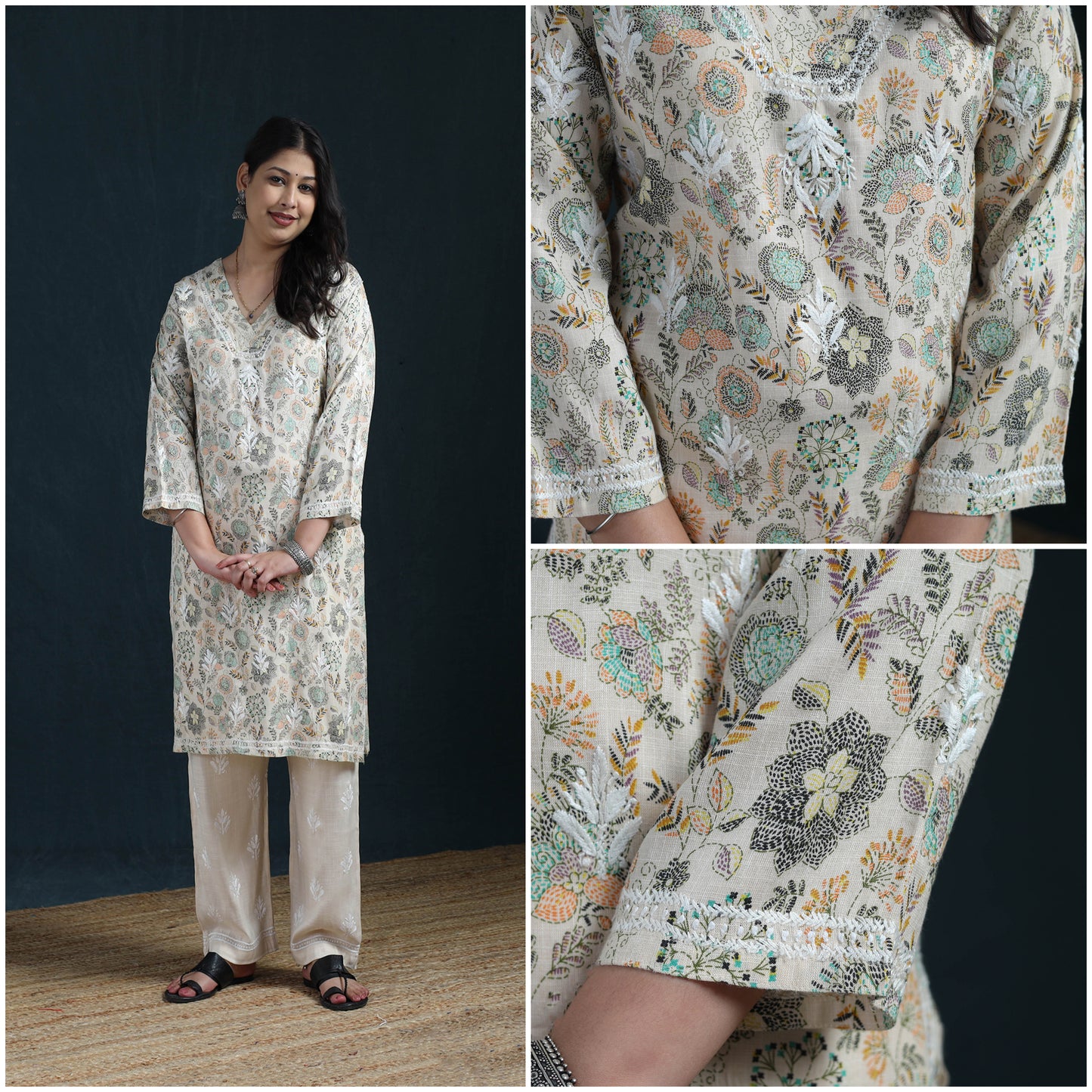 Beige - Hand Embroidered Printed Cotton Chikankari Kurta with Pant Set for Women 31