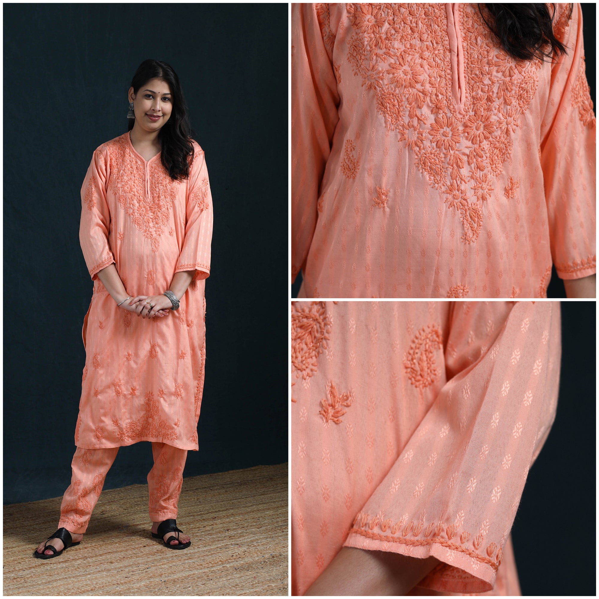 Peach - Hand Embroidered Rayon Cotton Chikankari Kurta with Pant Set for Women 16