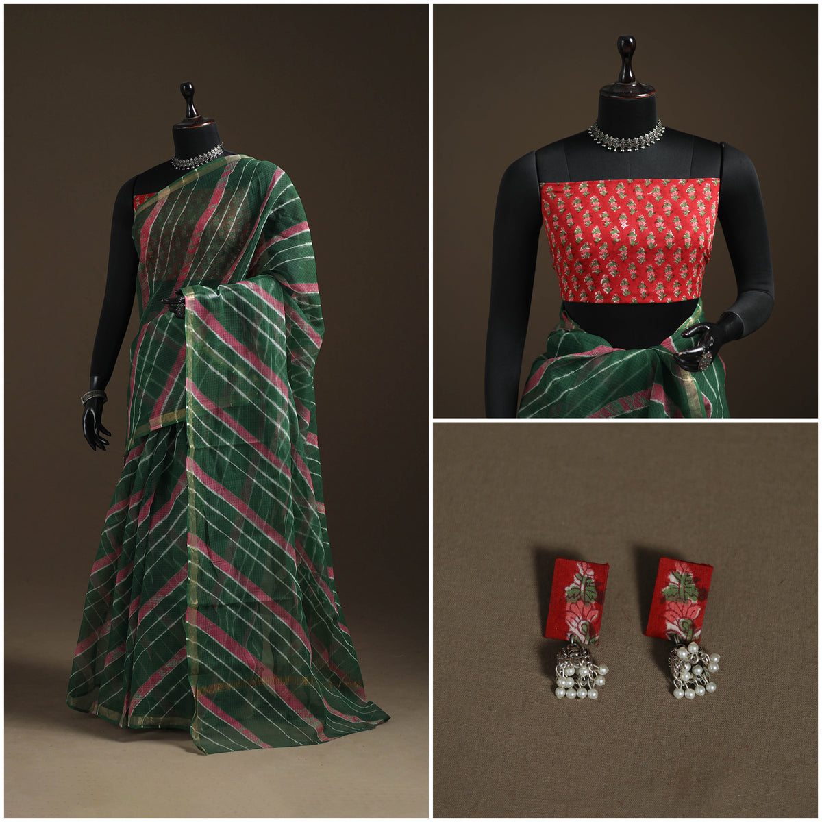 Green - Kota Doria Cotton Leheriya Tie-Dye Saree with Blouse Piece & Earrings 07