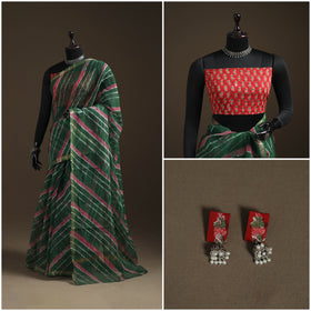 Green - Kota Doria Cotton Leheriya Tie-Dye Saree with Blouse Piece & Earrings 07