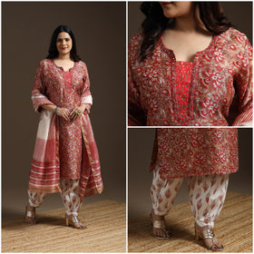 Brown - Chanderi Silk Hand Embroidery Block Print Sanganeri Suit Set with Dupatta for women 11