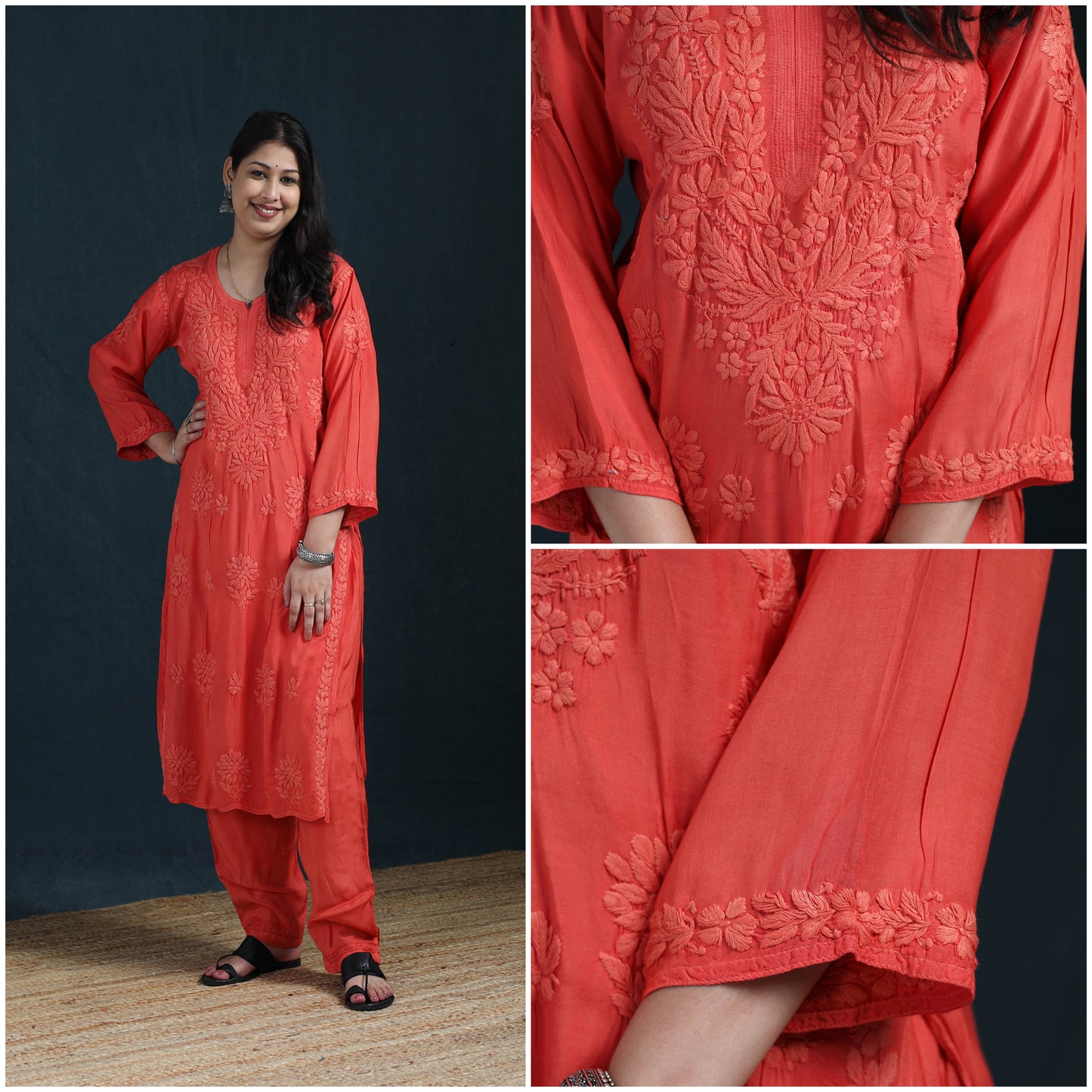 Red - Hand Embroidered Muslin Chikankari Kurta with Pant Set for Women 24