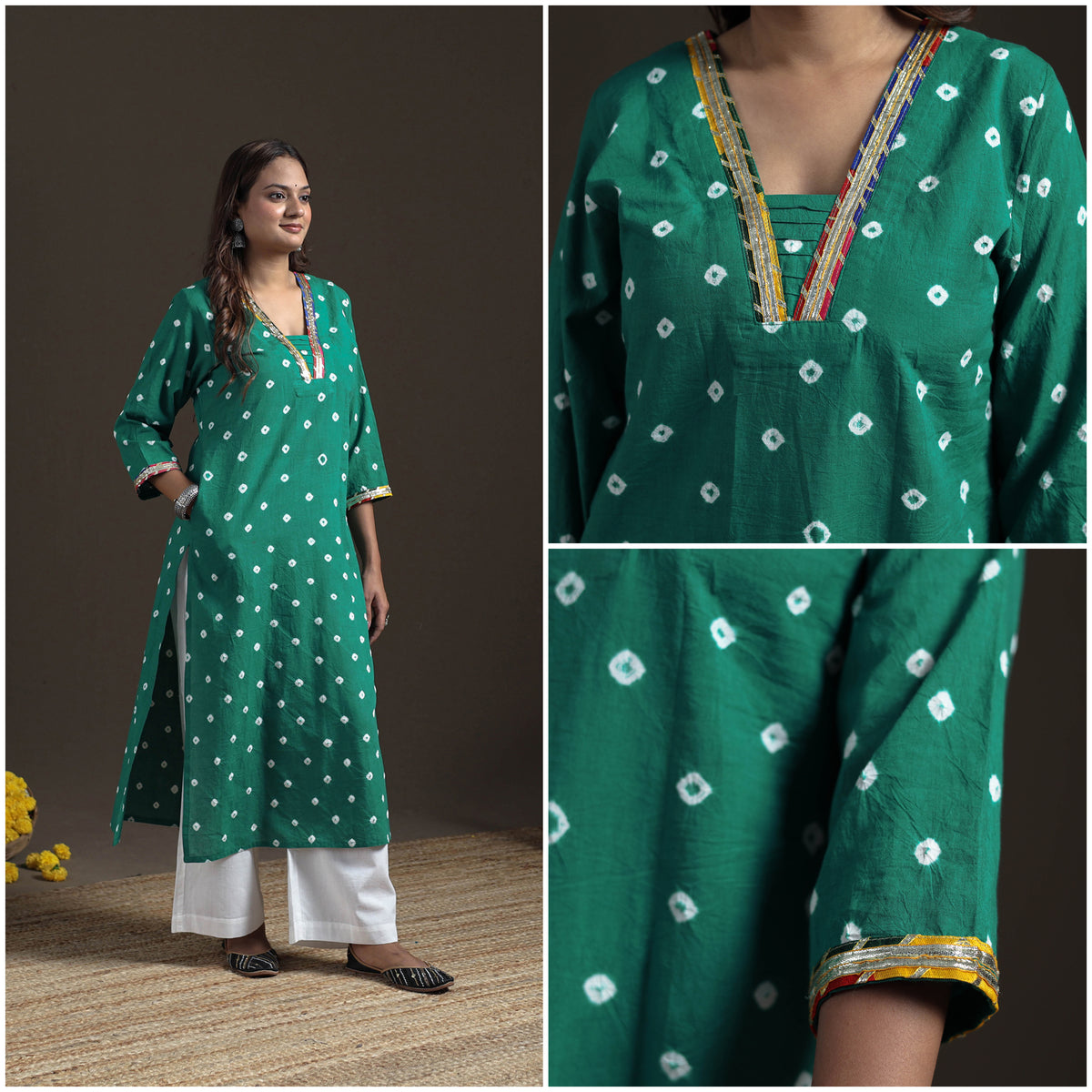 Gota Work Bandhani Tie-Dye Cotton Straight Long Kurta for Women 18