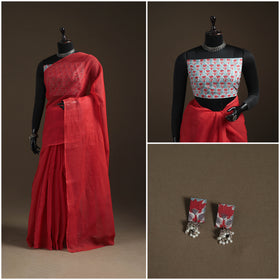 Red - Nazaakat Kota Doria Cotton Plain Saree with Blouse Piece & Earrings 16