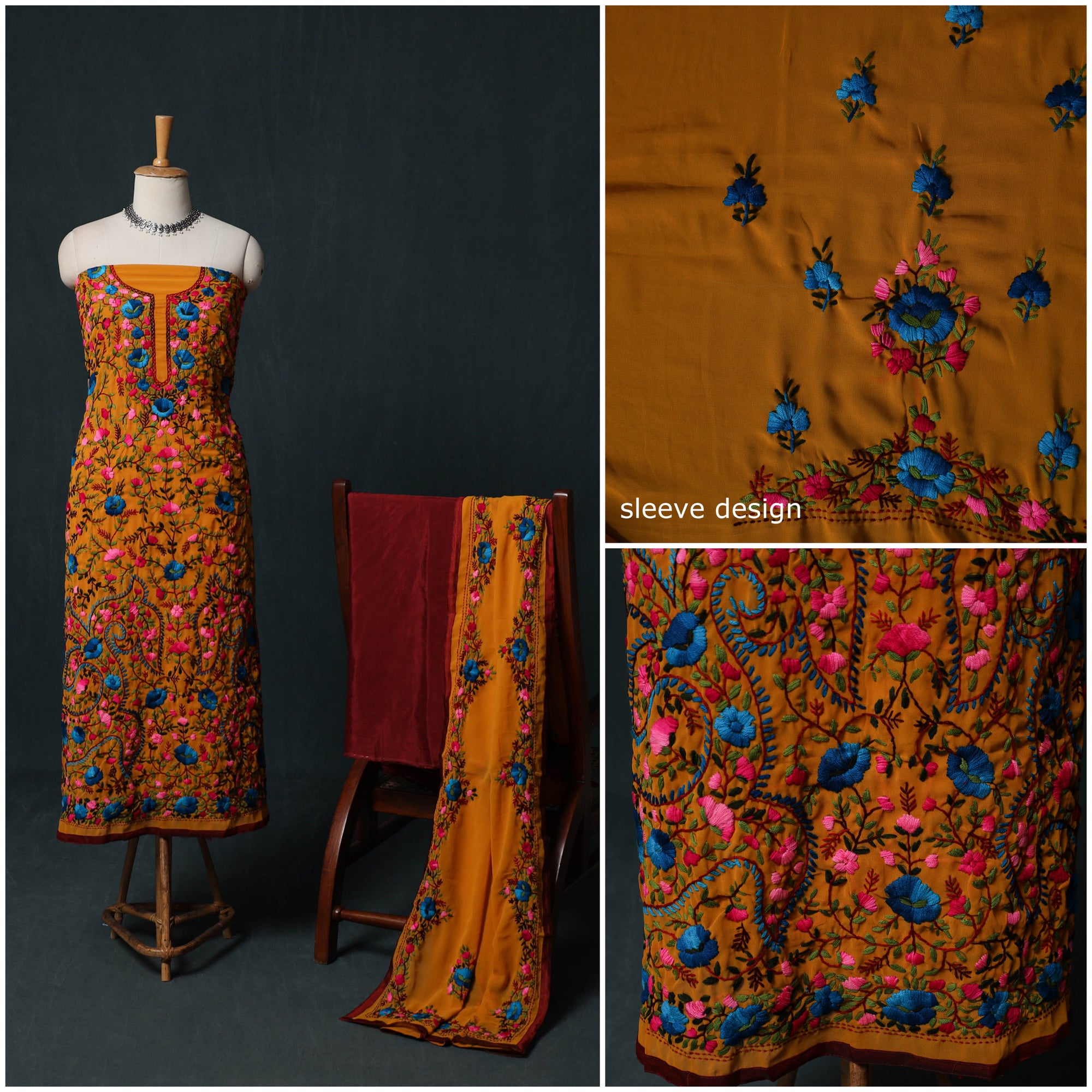 Hand Embroidered Georgette 3pc Unstitched Dress Material Suit Set 17