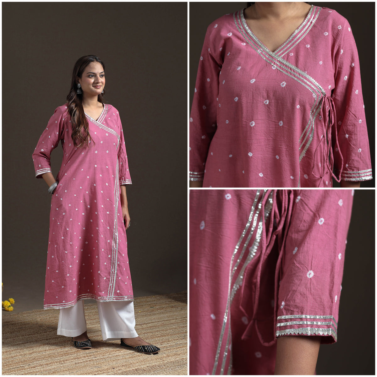 Gota Work Bandhani Tie-Dye Cotton A-Line Long Kurta for Women 16