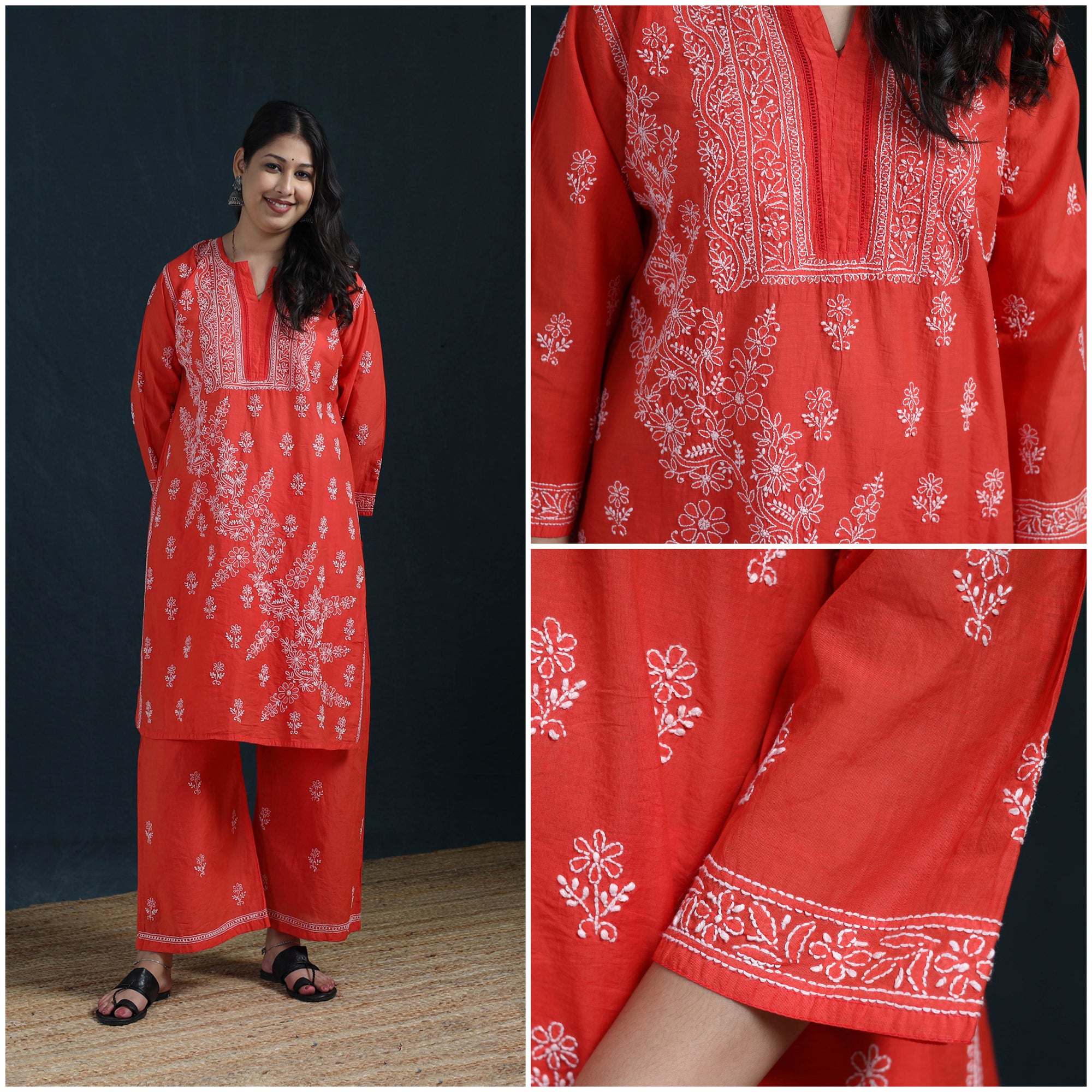 Red - Hand Embroidered Mul Chanderi Chikankari Kurta with Palazzo Set for Women 20