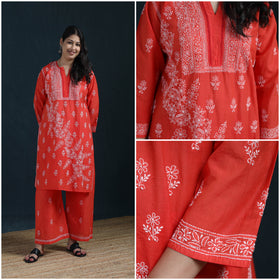 Red - Hand Embroidered Mul Chanderi Chikankari Kurta with Palazzo Set for Women 20