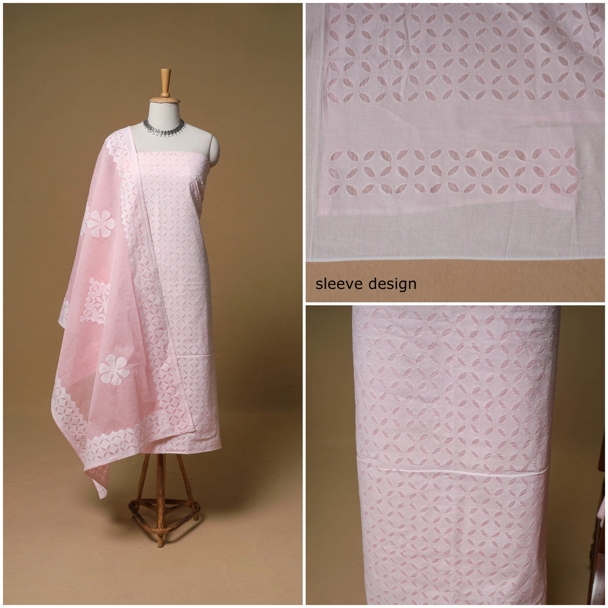 Barmer Applique Cutwork Cotton Unstitched Dress Material: Kurta, Bottom & Dupatta 03