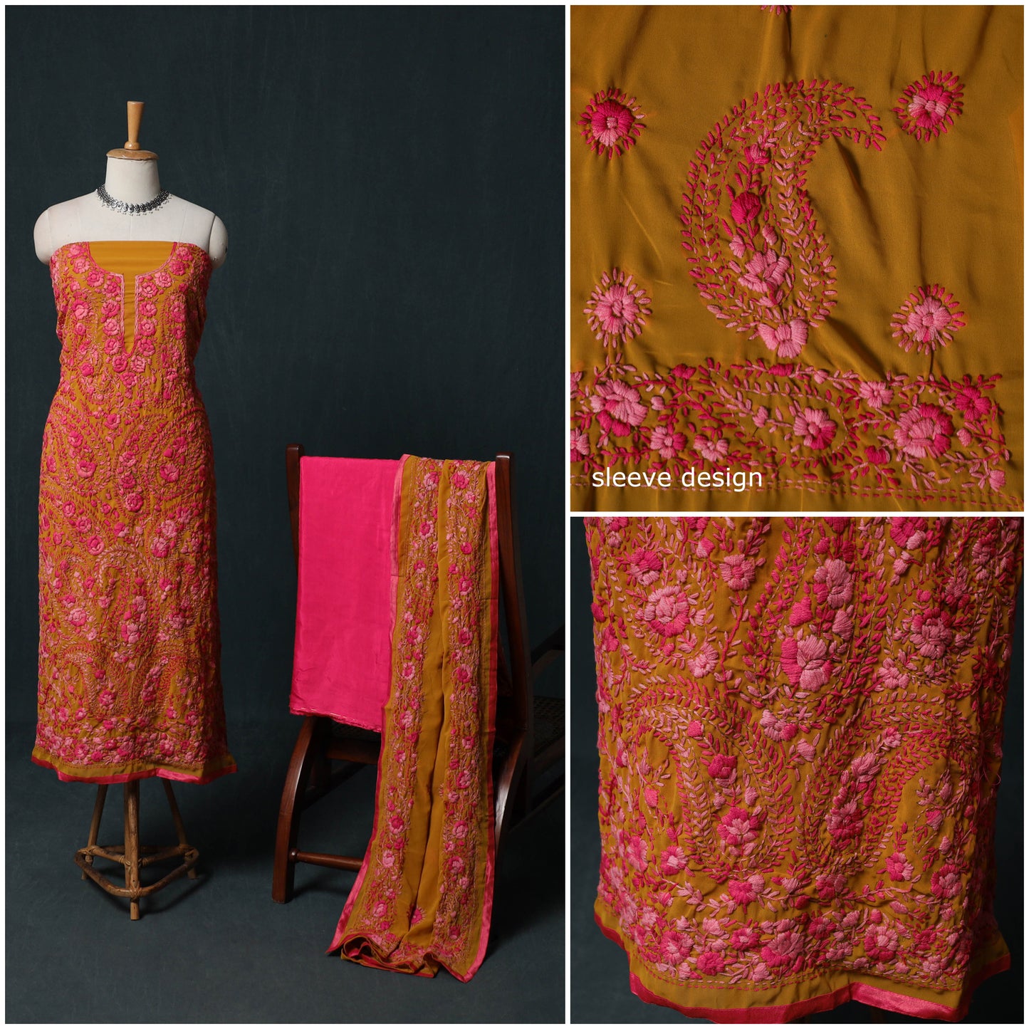 Hand Embroidered Georgette 3pc Unstitched Dress Material Suit Set 21