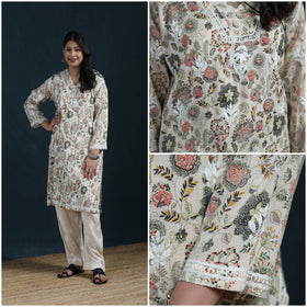 Beige - Hand Embroidered Printed Cotton Chikankari Kurta with Pant Set for Women 30