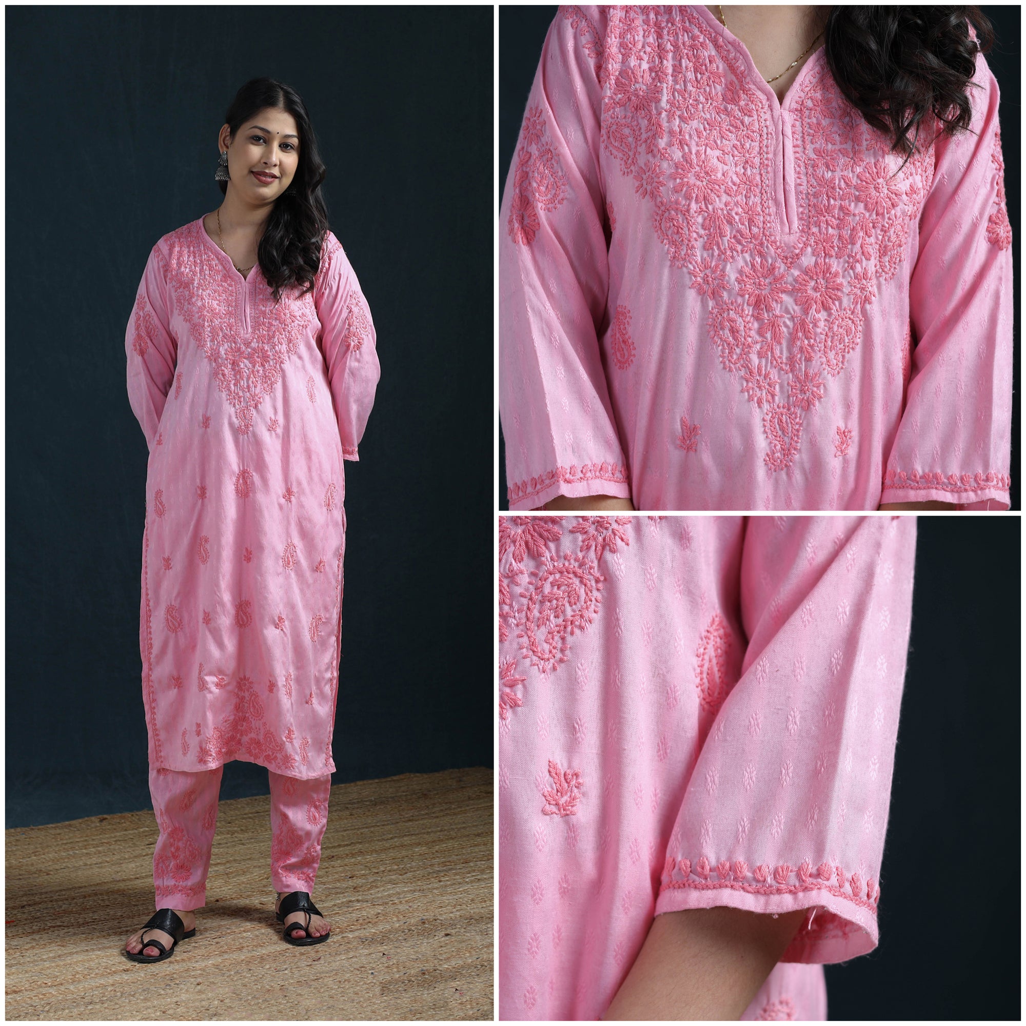 Pink - Hand Embroidered Rayon Cotton Chikankari Kurta with Pant Set for Women 19