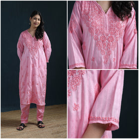 Pink - Hand Embroidered Rayon Cotton Chikankari Kurta with Pant Set for Women 19