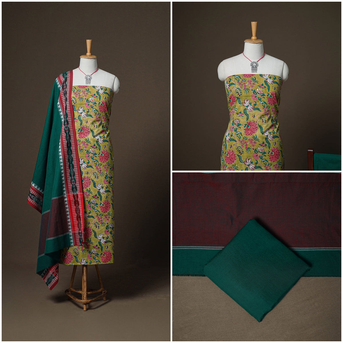 Sanganeri Block Print Cotton Unstitched Dress Material: Kurta, Bottom & Dupatta with Jewellery 40