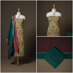 Sanganeri Block Print Cotton Unstitched Dress Material: Kurta, Bottom & Dupatta with Jewellery 40