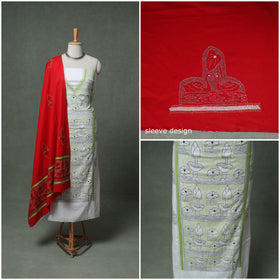 Bengal Kantha Hand Embroidered Cotton Unstitched Dress Material: Kurta, Bottom & Dupatta 01