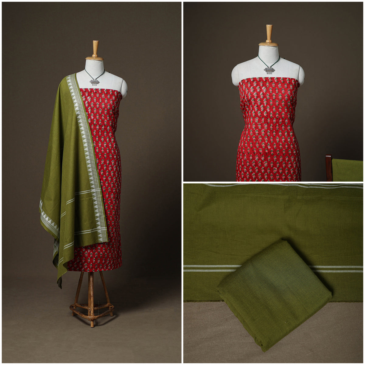 Sanganeri Block Print Cotton Unstitched Dress Material: Kurta, Bottom & Dupatta with Jewellery 18