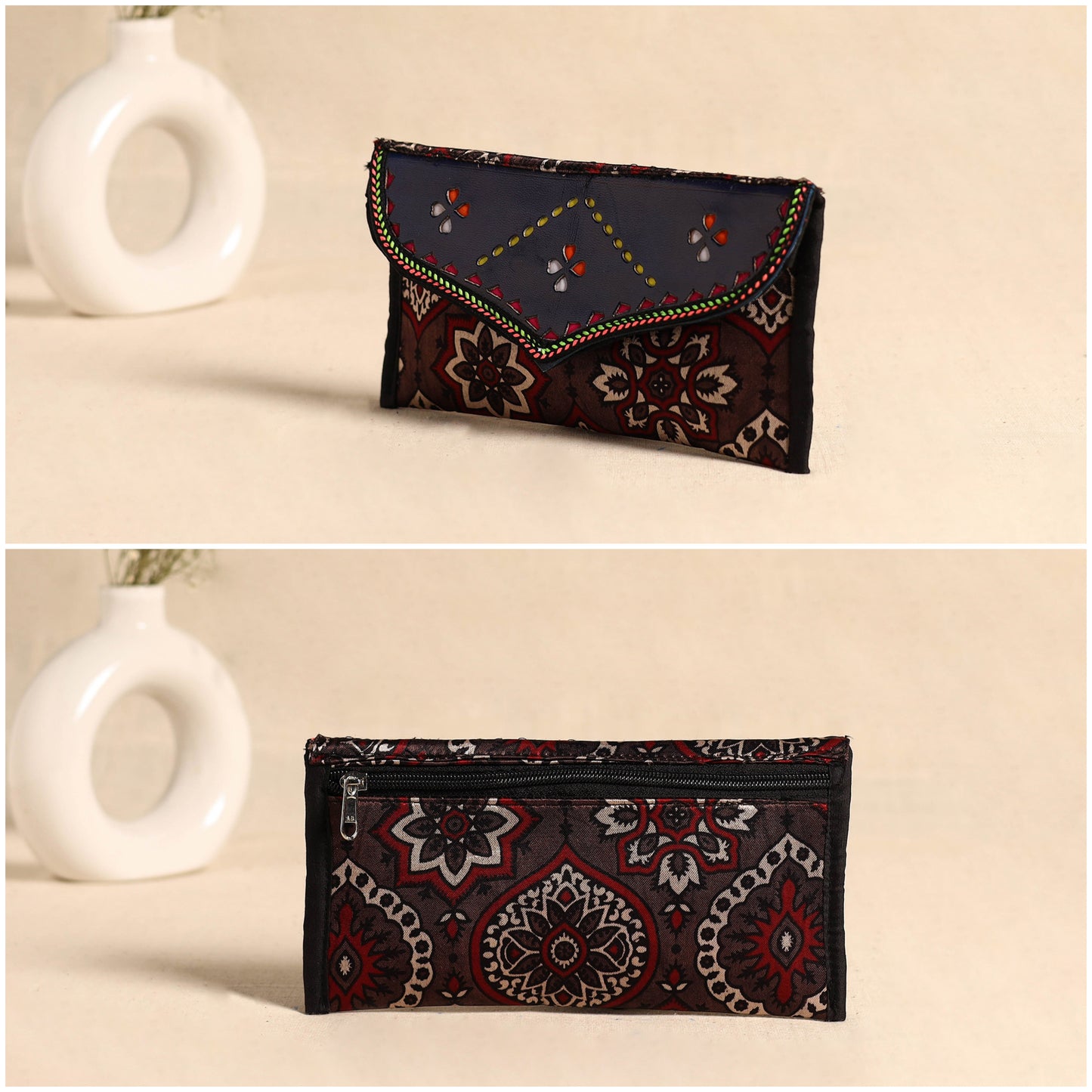 Traditional Kutch Mashru Silk Leather Flap Clutch / Wallet 113