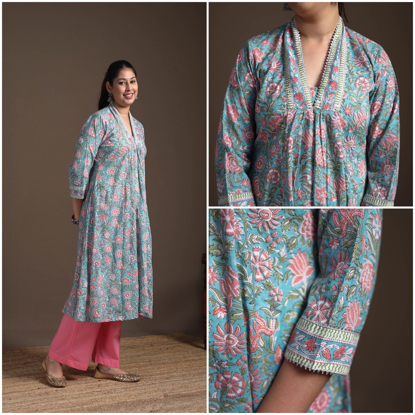 Floral Sanganeri Block Print Cotton A-Line Long Kurta for Women 09