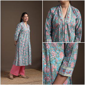 Floral Sanganeri Block Print Cotton A-Line Long Kurta for Women 09