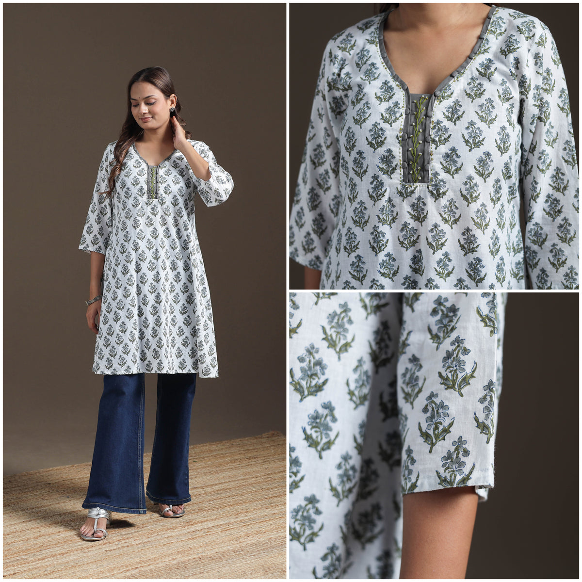 Sequin Work Sanganeri Floral Print Cotton A-Line Kurta for Women 08
