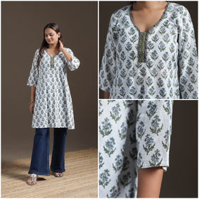 Sequin Work Sanganeri Floral Print Cotton A-Line Kurta for Women 08